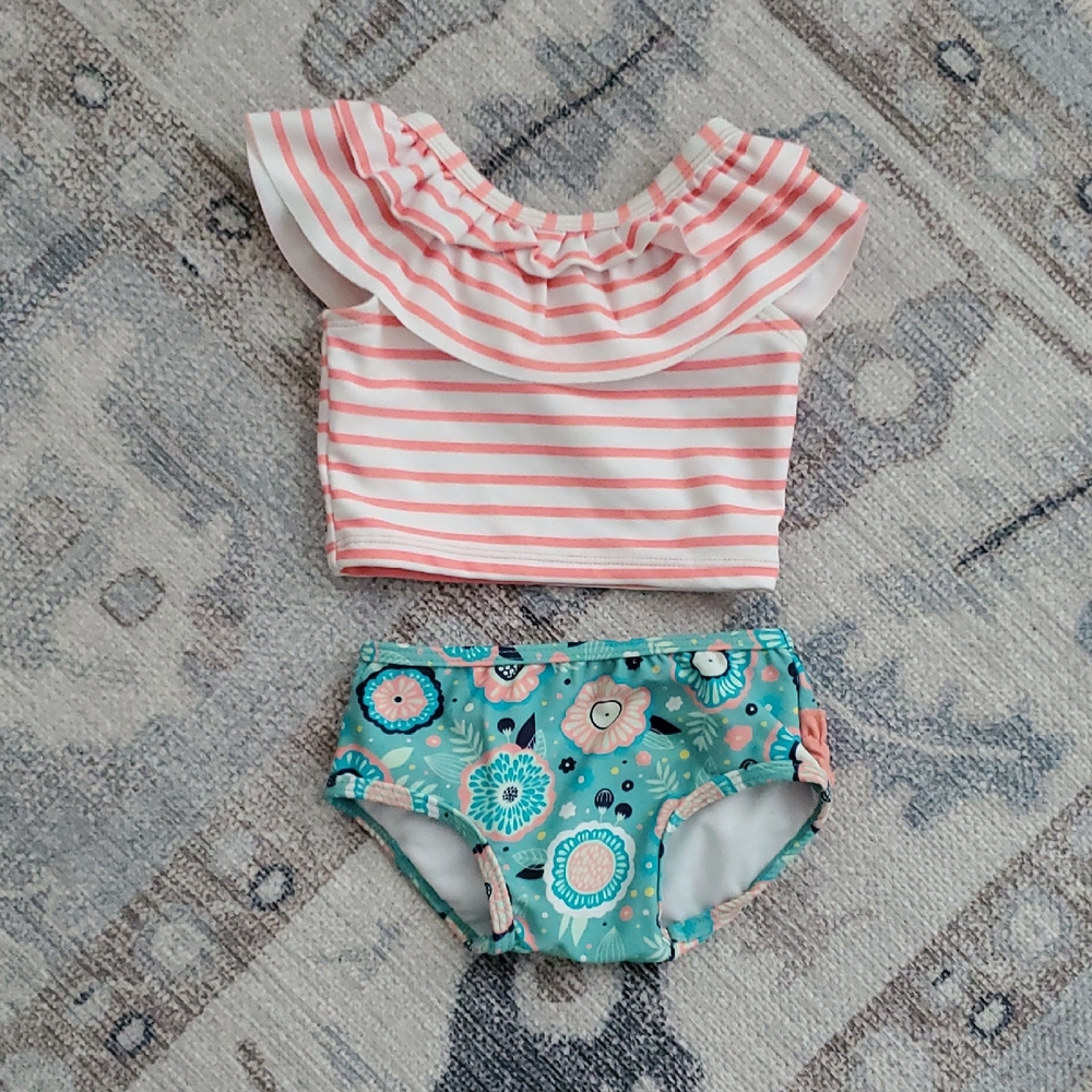 Ruffle Butts Baby Girl 2-piece Flower And Stripes Swimsuit Bikini Sz3-6m
